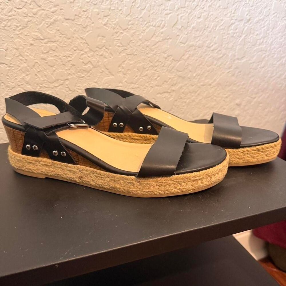 Tommy Bahama Black Leather Espadrille Platform Sandals Studded